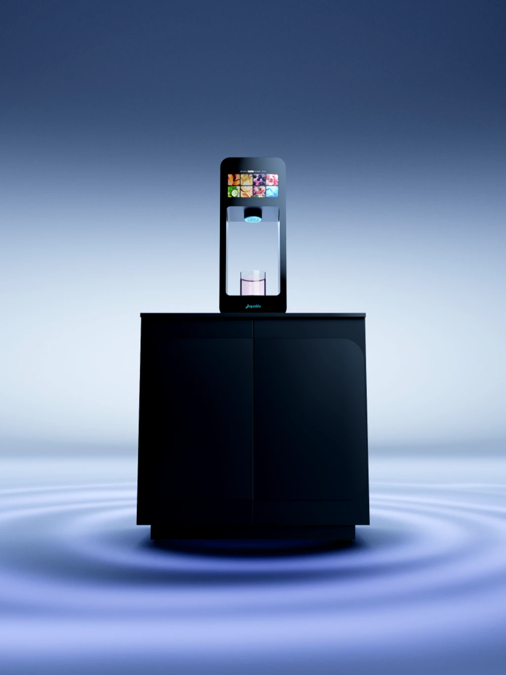 a wide shot of the Aquablu series2 refill plus water dispenser on a black cabinet with a blue water effect surrounding it